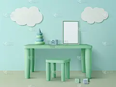 儿童桌子海报模型，椅子和玩具立方体