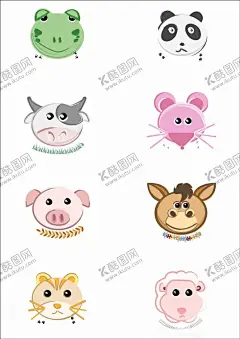 手绘卡通动物头像元素 【酷图网】卡通动物,老鼠,奶牛,青蛙,矢量,手绘,头像,熊猫,猪,装饰图案