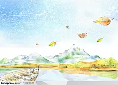 手绘素材-手绘大山背景上的停在湖面上的小船