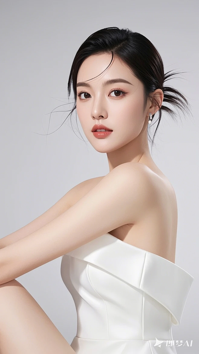 高级医美模特，明星代言人，少女幼态脸，动态构图，苹果肌高光处理，婴儿肌皮肤透着光，白色优雅大气抹胸礼服裙子，微雕皮肤细腻光泽纹理可见，身体皮肤 ...