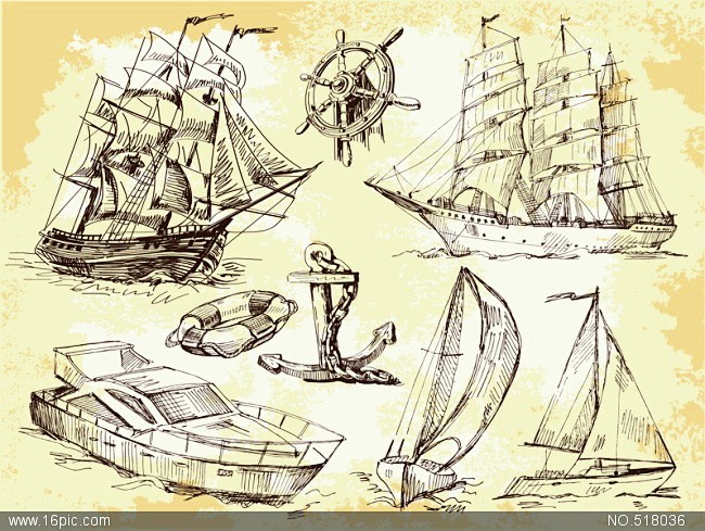 复古线描海盗船帆船素材
