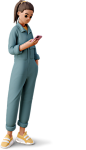 young woman in the worker jumpsuit looking at smartphone Illustration in PNG, SVG