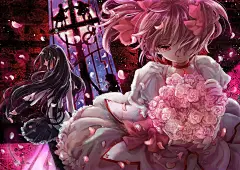 穿着月亮的眼泪玫瑰花瓣紫色的头发粉红色的头发魔法少女☆魔力樱京子智卫真身KANAME马多卡紫色眼睛的头发丝带粉红眼睛的一束玫瑰动漫女孩发带/ 1100x779壁纸