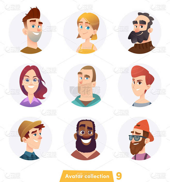 快乐的人头像收藏。用户面。时尚的现代风格...