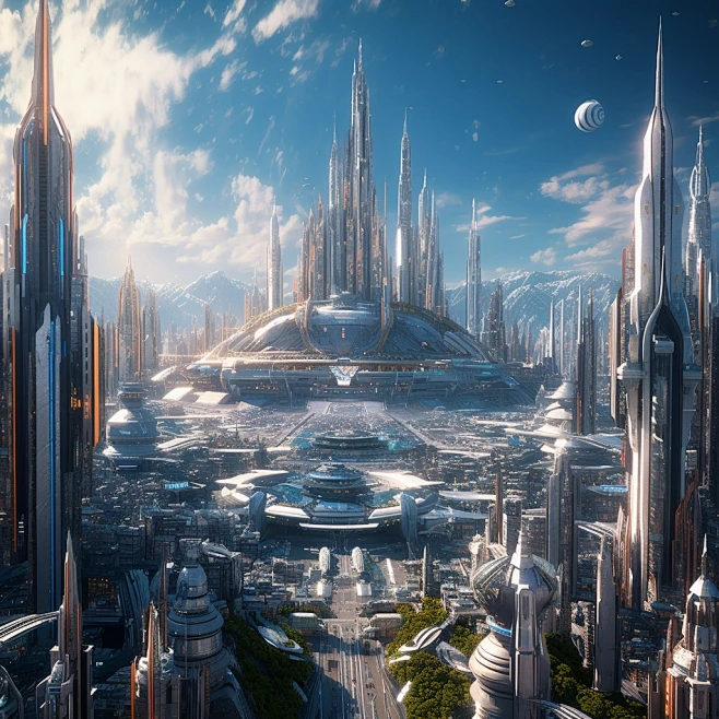 A future technological city (full of tall buildings, many spaceship ...