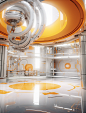 a yellow and orange set of images showing an advanced system, in the style of rendered in unreal engine, light gold and white, cyclorama, gravity-defying architecture, light silver and orange, panoramic scale, transparent layers