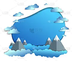 高山峻岭的夏季风景景观与云雾缭绕，框或边框与临摹空间，剪纸风格幼稚的插画，假日、旅游和旅游主题。