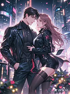 这是一幅都市风格的浪漫插画。画面中，一对身着黑色皮衣的情侣相互依偎，背景是灯光璀璨、霓虹闪烁的城市夜景，营造出热烈而甜蜜的氛围。(1)