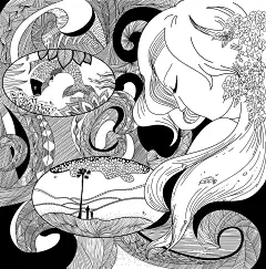 黑白装饰画 针管笔 白日梦-插画----以路为马 未来可期！一只断鳍的鱼，一段儿时的梦~~~~把梦想放进记忆的城堡，从此不再触碰