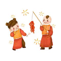 手绘春节除夕捂耳朵放鞭炮的小朋友