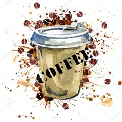 咖啡的水彩画。咖啡杯和咖啡谷物分离在白色背景上。水彩插图咖啡豆