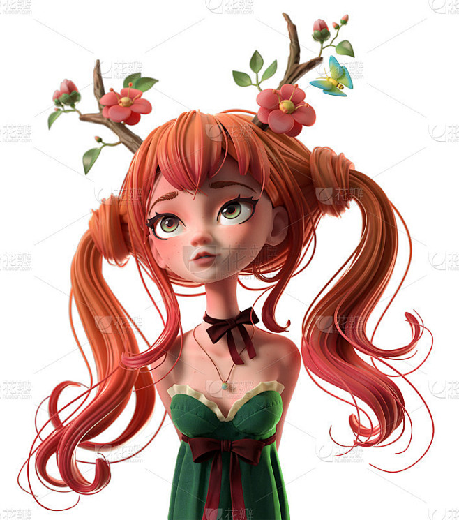 3d卡通人物红头发的女孩穿着绿色的裙子。