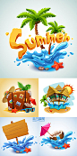 夏日卡通海边度假广告图标矢量图素材-非凡图库 #采集大赛#