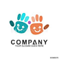 This contains an image of: Kids care logo. Vector of hands with smiling child's face. Education and creative children icon