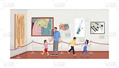 父亲带着孩子在现代美术馆里半平面画图.当代绘画藏品。在艺术博物馆观看和玩耍的儿童2D卡通人物，供商业