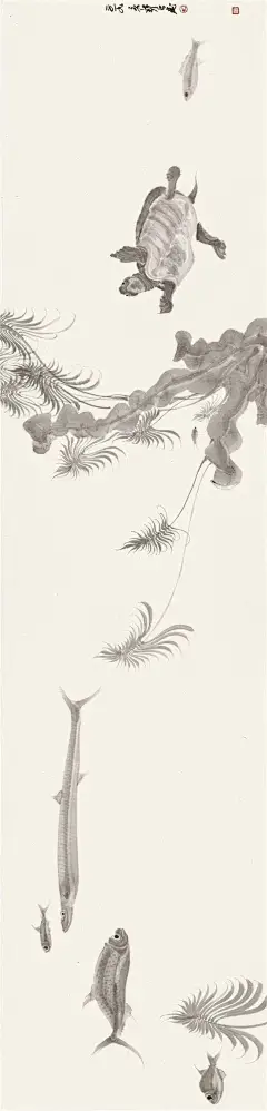 他绘制的人物、山水、花鸟都是用淡墨绘制而成，犹如“水墨雕塑”_作品
