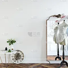 客厅墙上的模型。北欧室内。3d渲染，3d插图