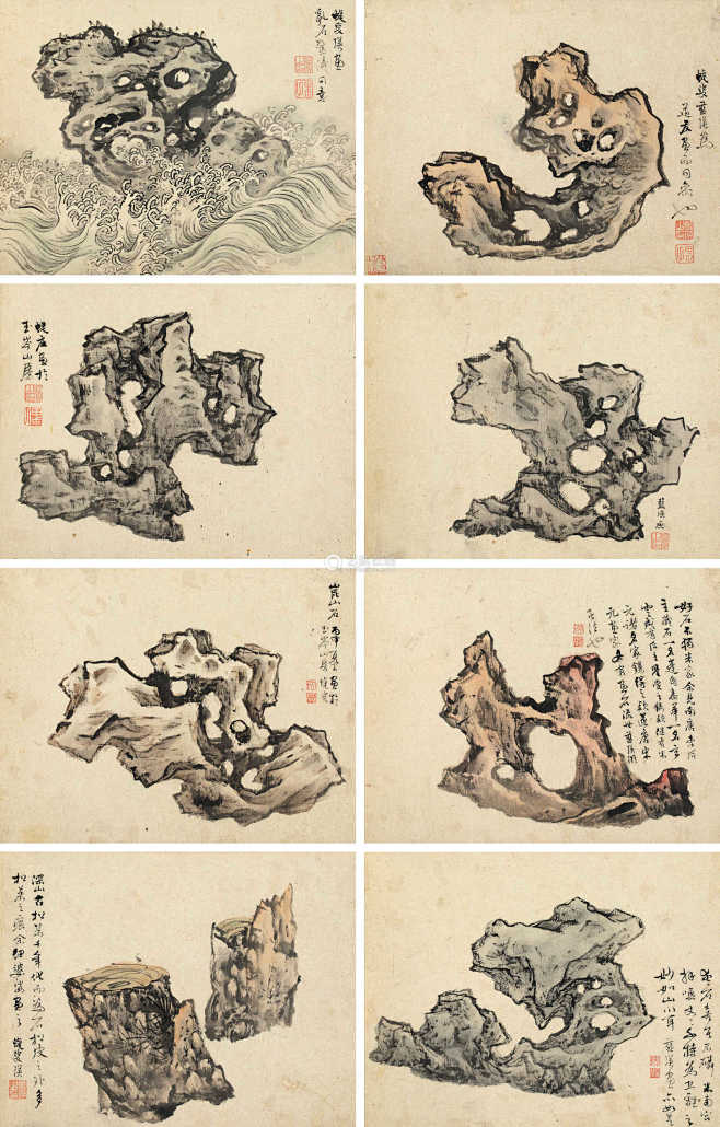 蓝瑛 丙申（1656年）作 奇石图 册页...