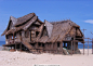 an old wooden house with thatched roof on the beach