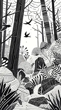 森林植物插画黑白抽象小鸟高清模板免费下载-趣麦麦图