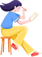 漂浮青年扁平噪点插画-坐着看书的女孩