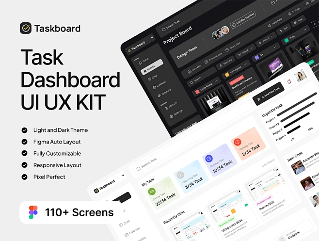 Taskboard – Task Dashboard UI UX KIT 双配色专业任务计划效率日程进度App网页后台管理ui界面设计模板 ...
