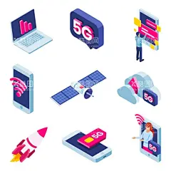 卡通手绘商务科技5G插画  - 源文件下载【酷图网】5g,5G,插画,手绘,矢量,科技,商务,移动,联通,电信,网络,办公,电脑,素材,手机,通信,
