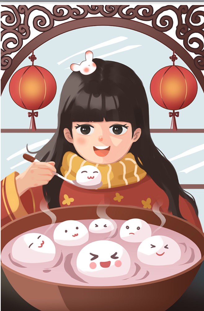 吃汤圆女孩元宵节人物插画