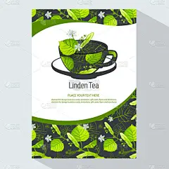 向量草本茶, 林登叶和林登花。包装、茶店、饮料菜单、顺势疗法和保健品的背景设计。带文本的位置.