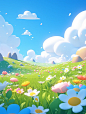 3D illustration of a cute grassland with many flowers, a blue sky and white clouds, a green meadow in spring, a cartoon game scene with a simple background, soft gradient colors and soft light, bright colors and high quality, in the style of artstation. -