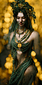 古希腊女神在古罗马市场，她笑着露出牙齿，她穿着绿色和金色的长腰布，她有华丽的青铜首饰，刻有正方形和金色的铃铛，黑色的长发，电影般的灯光，超细节，逼真，辛烷值渲染
