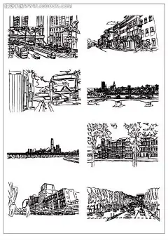 黑白线稿建筑插图AI|黑白风景插画|黑白建筑插画|建筑写生|矢量素材|矢量源文件|书画|树木街道建筑|日本的街道建筑|欧洲街道建筑全景|巴黎街道建筑