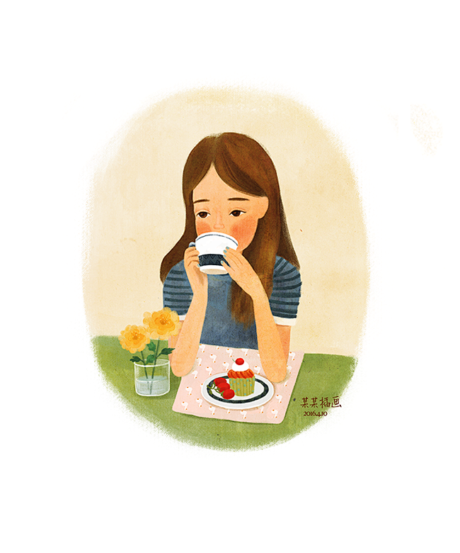 喝茶某某插画温馨插画