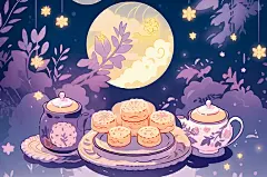 中秋满月糕点月饼茶插画卡通唯美手绘可爱古风插画壁纸