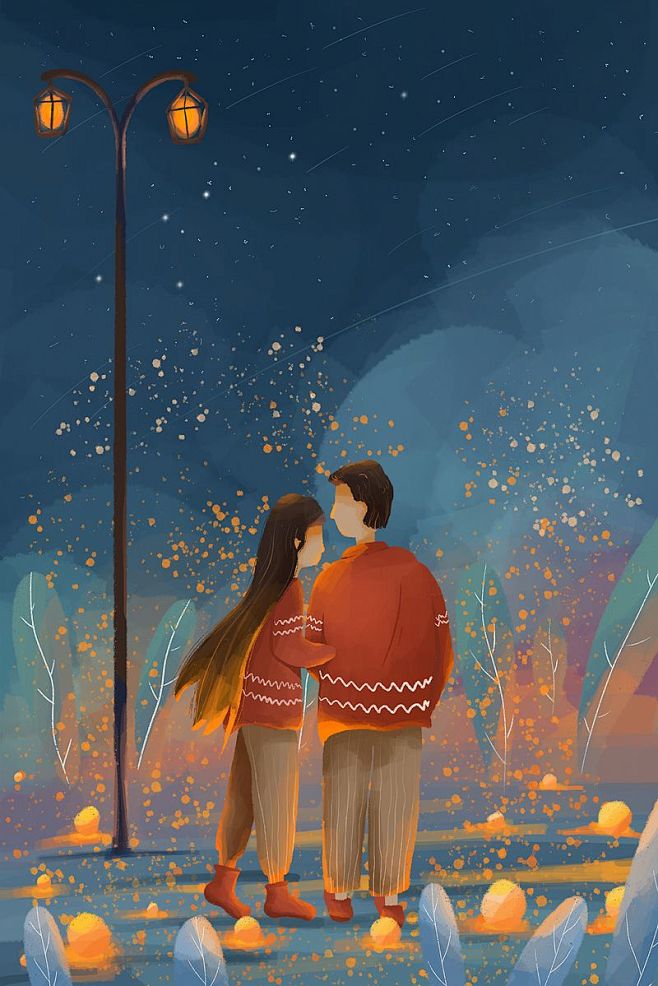 夜晚情侣小清新插画