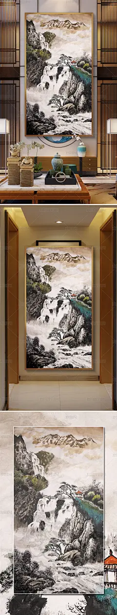 新中式高山流水风景水墨玄关过道装饰画