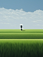 two people walk among green grass next to water, in the style of animated film pioneer, minimalist surrealist, white, gongbi, rtx on, azure, graceful