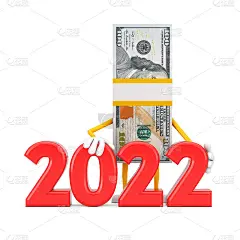 堆叠的一百美元钞票与红色2022年新年标志的人字符吉祥物。3d渲染