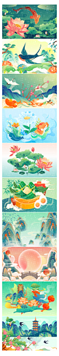 中国风国潮山水插图荷花锦鲤端午中秋新年插画AI矢量素材背景 (1)