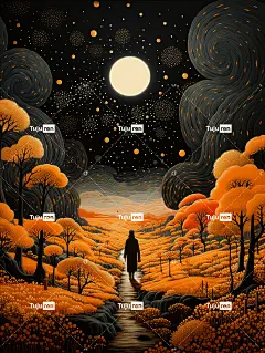 富有想象力的奇幻风景插画海报金黄色