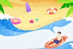 卡通手绘夏天背景插画海边游玩的男子原创插画海报卡通夏天背景插画