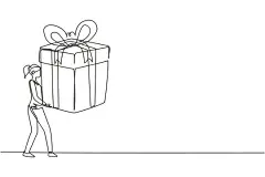 一笔画 | 图源免费EPS文件 |连续单线绘制的快乐女子抱着一个大礼物盒。获得奖励、礼物或奖品的创意想法。庆祝的概念。单线绘制设计矢量图形插图