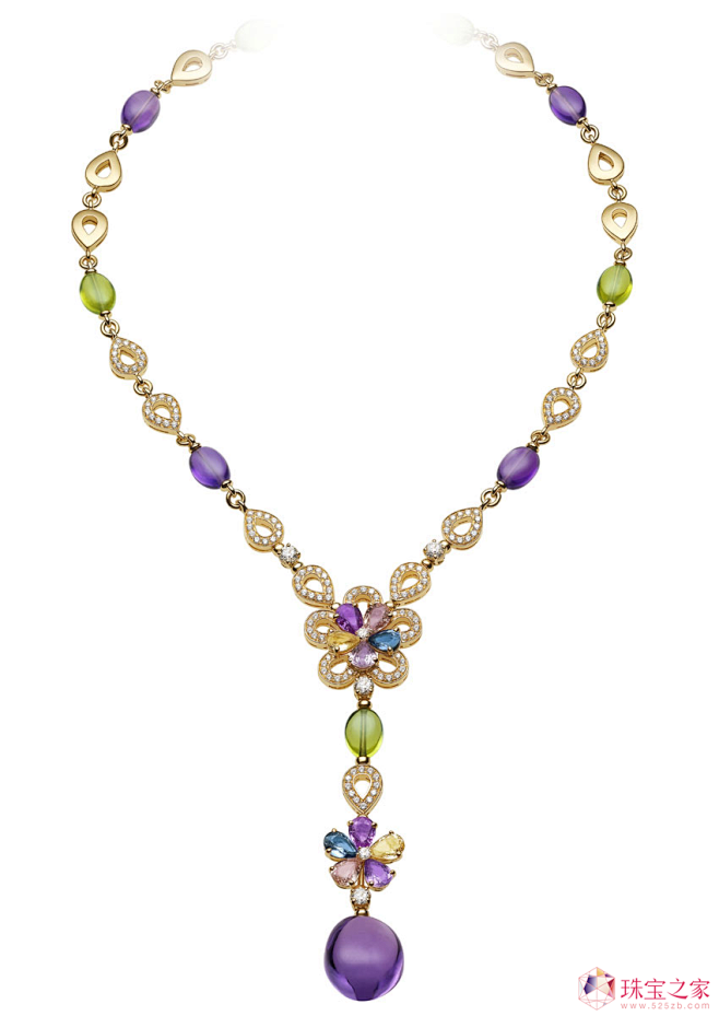 黄金项链，装饰彩色蓝宝石、橄榄石、紫水晶...