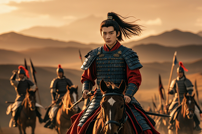 中国一位古代少年将军骑马领军，手拿长剑，带着士兵行军时候的场景，真人实拍，远景 (1)
