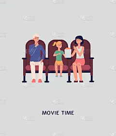 卡与家人看电影在影院影院平面矢量插图。