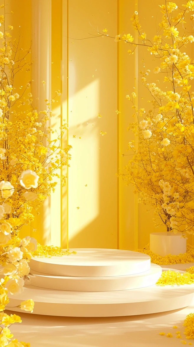 yellow background, clean white booth model, yellow flowers on all sides ...