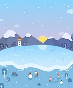 淡彩手绘 海滨灯塔 冬日雪人 冬季插图插画AI14
