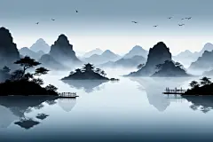 山水写意中国风水墨山水画装饰插画