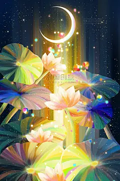 梦幻光景荷花荷叶夜晚星空星星月亮手绘插画背景