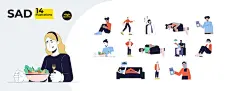 图源免费EPS文件 |Seasonal depression line cartoon flat illustration bundle. Psychologist, tired people 2D lineart characters isolated on white background. Loss appetite, anxiety, insomnia vector color image collection